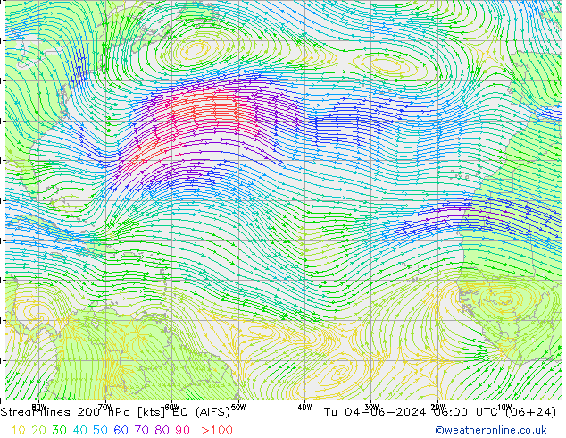 Streamlines 200 hPa EC (AIFS) Út 04.06.2024 06 UTC