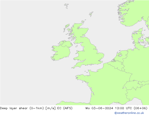 Deep layer shear (0-1km) EC (AIFS) Po 03.06.2024 12 UTC