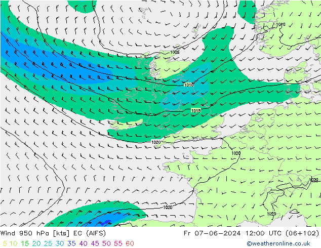 ветер 950 гПа EC (AIFS) пт 07.06.2024 12 UTC