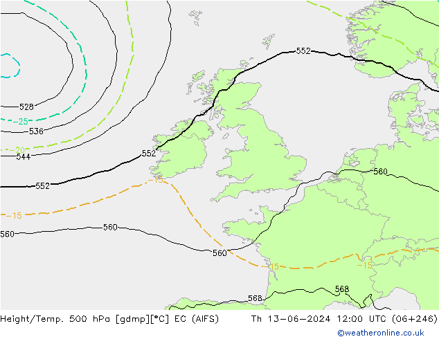 Height/Temp. 500 hPa EC (AIFS) Čt 13.06.2024 12 UTC