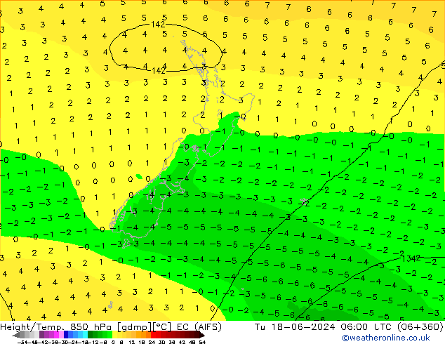 Géop./Temp. 850 hPa EC (AIFS) mar 18.06.2024 06 UTC