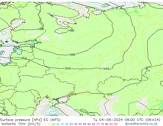 Isotachs (kph) EC (AIFS) Tu 04.06.2024 06 UTC