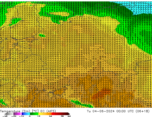 Temperatuurkaart (2m) EC (AIFS) di 04.06.2024 00 UTC