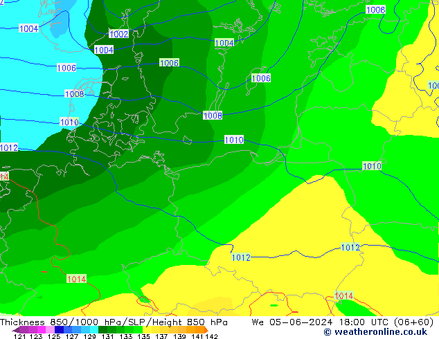 Dikte 850-1000 hPa EC (AIFS) wo 05.06.2024 18 UTC