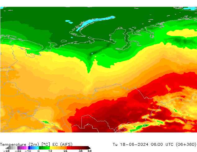 Temperature (2m) EC (AIFS) Tu 18.06.2024 06 UTC