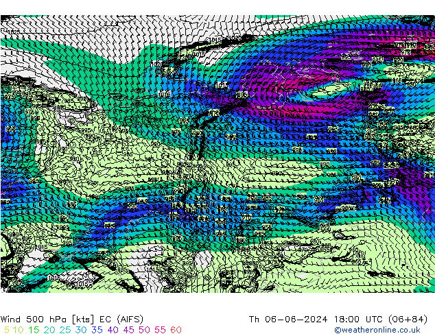 Wind 500 hPa EC (AIFS) Čt 06.06.2024 18 UTC