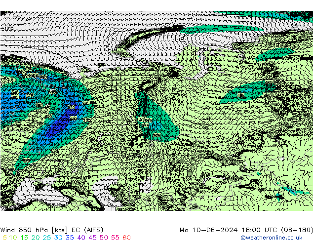 Vent 850 hPa EC (AIFS) lun 10.06.2024 18 UTC