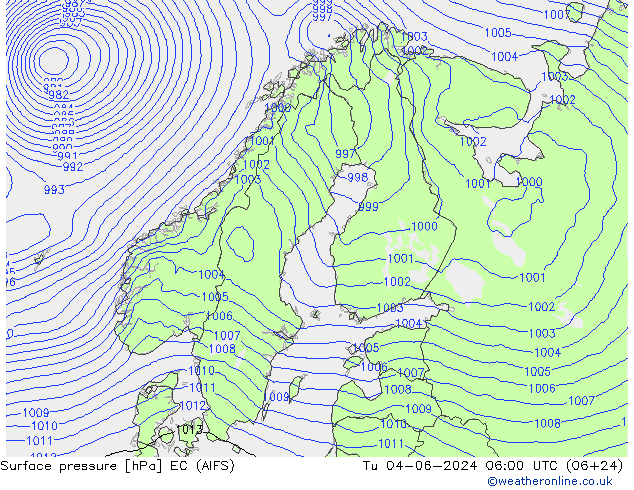 Surface pressure EC (AIFS) Tu 04.06.2024 06 UTC