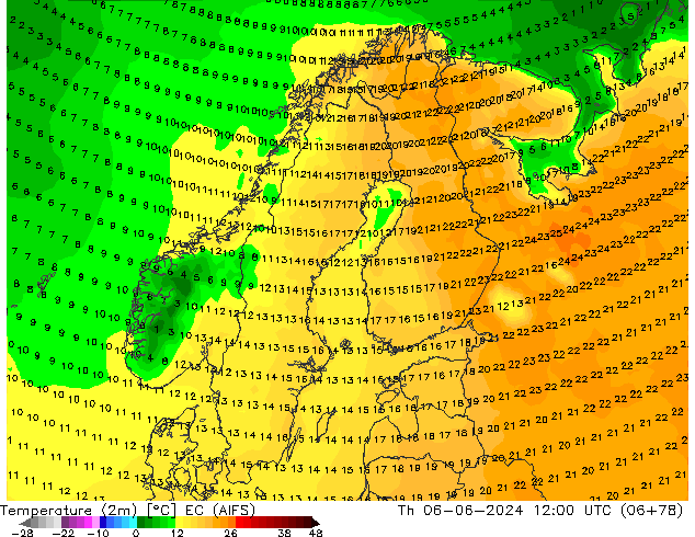 Temperature (2m) EC (AIFS) Čt 06.06.2024 12 UTC