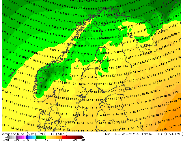 Temperatura (2m) EC (AIFS) Seg 10.06.2024 18 UTC