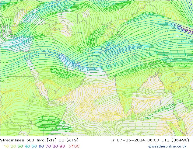 Linia prądu 300 hPa EC (AIFS) pt. 07.06.2024 06 UTC