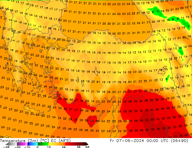 Temperature (2m) EC (AIFS) Fr 07.06.2024 00 UTC