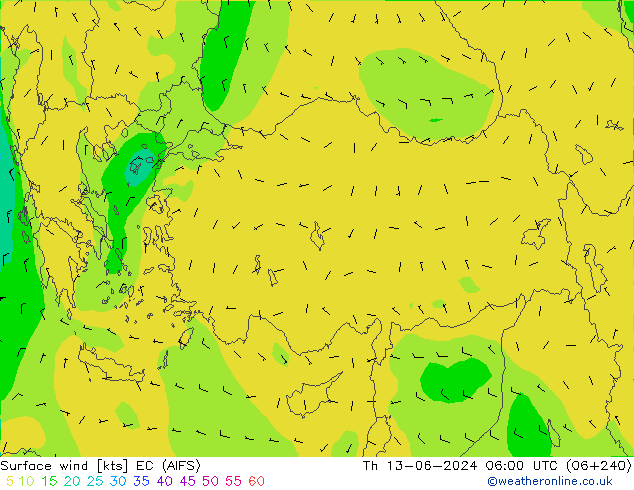 Vento 10 m EC (AIFS) Qui 13.06.2024 06 UTC