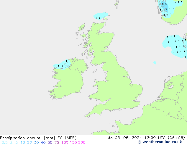 Precipitation accum. EC (AIFS) Seg 03.06.2024 12 UTC