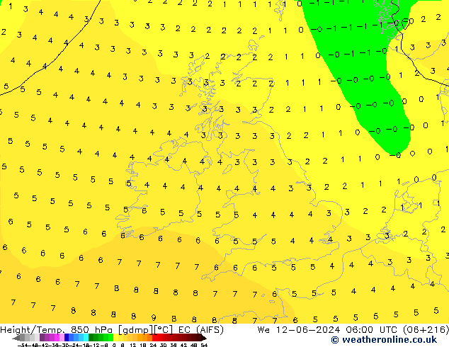 Hoogte/Temp. 850 hPa EC (AIFS) wo 12.06.2024 06 UTC