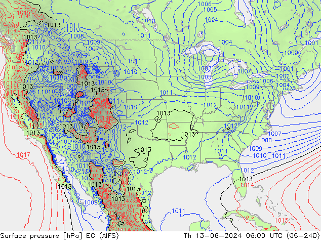 Atmosférický tlak EC (AIFS) Čt 13.06.2024 06 UTC