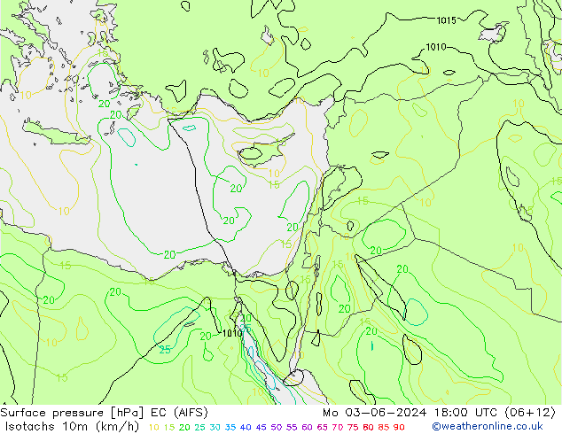 Isotachs (kph) EC (AIFS) lun 03.06.2024 18 UTC