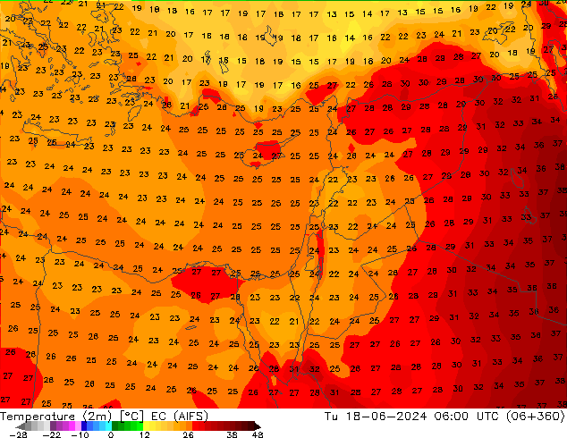 température (2m) EC (AIFS) mar 18.06.2024 06 UTC