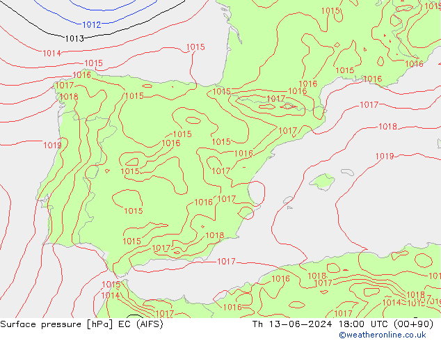 Luchtdruk (Grond) EC (AIFS) do 13.06.2024 18 UTC
