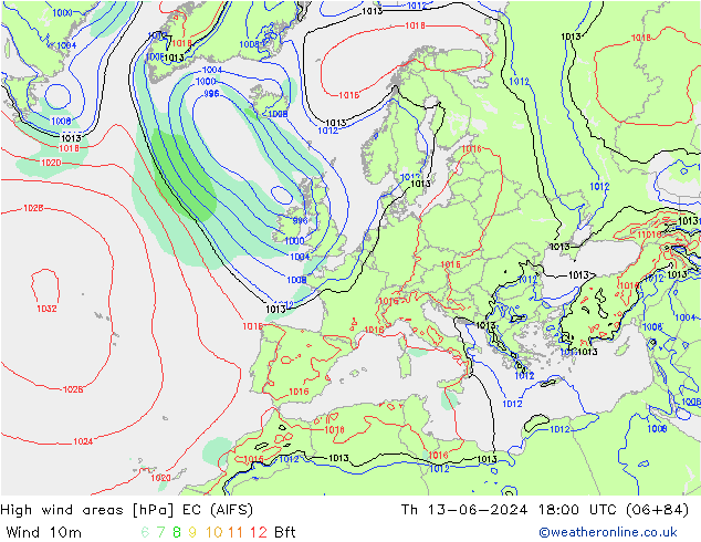 High wind areas EC (AIFS) gio 13.06.2024 18 UTC