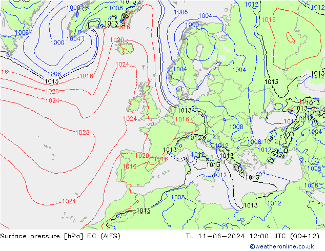 Surface pressure EC (AIFS) Tu 11.06.2024 12 UTC