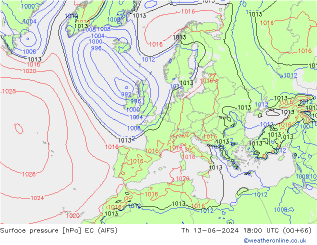 pressão do solo EC (AIFS) Qui 13.06.2024 18 UTC