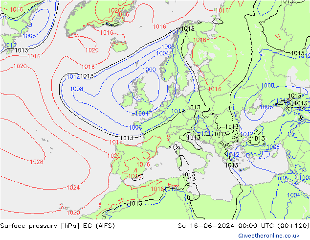 Atmosférický tlak EC (AIFS) Ne 16.06.2024 00 UTC