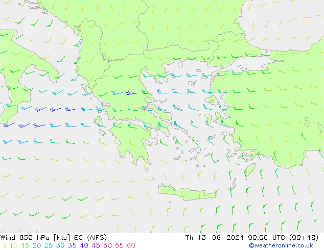 Rüzgar 850 hPa EC (AIFS) Per 13.06.2024 00 UTC