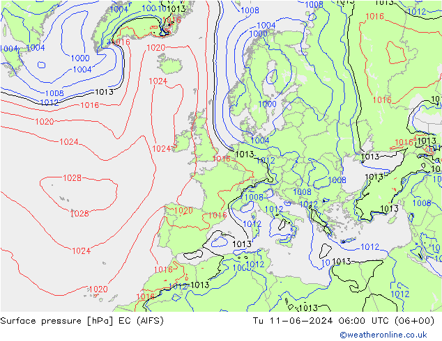 Atmosférický tlak EC (AIFS) Út 11.06.2024 06 UTC