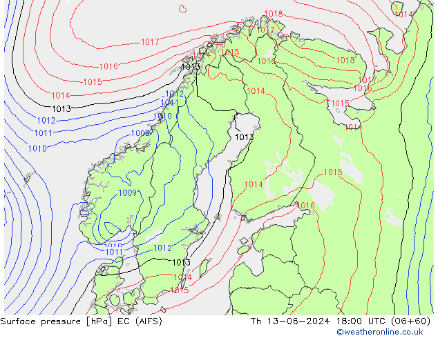 地面气压 EC (AIFS) 星期四 13.06.2024 18 UTC