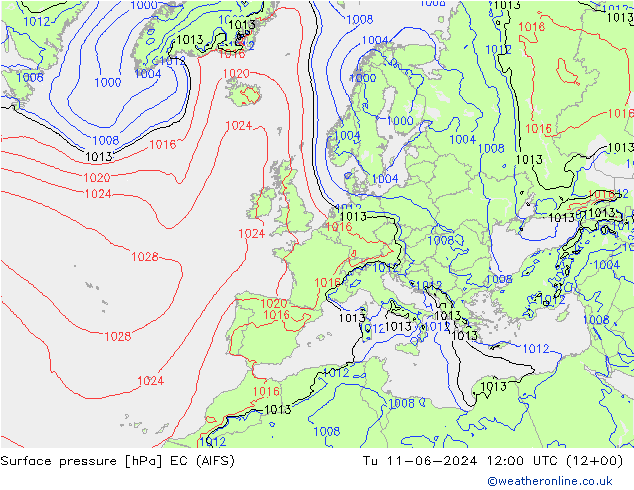 Surface pressure EC (AIFS) Tu 11.06.2024 12 UTC