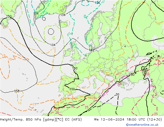 Hoogte/Temp. 850 hPa EC (AIFS) wo 12.06.2024 18 UTC