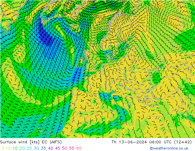 wiatr 10 m EC (AIFS) czw. 13.06.2024 06 UTC