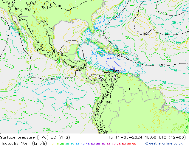 Isotachen (km/h) EC (AIFS) Di 11.06.2024 18 UTC