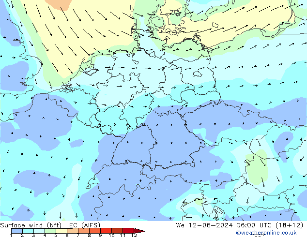 Rüzgar 10 m (bft) EC (AIFS) Çar 12.06.2024 06 UTC