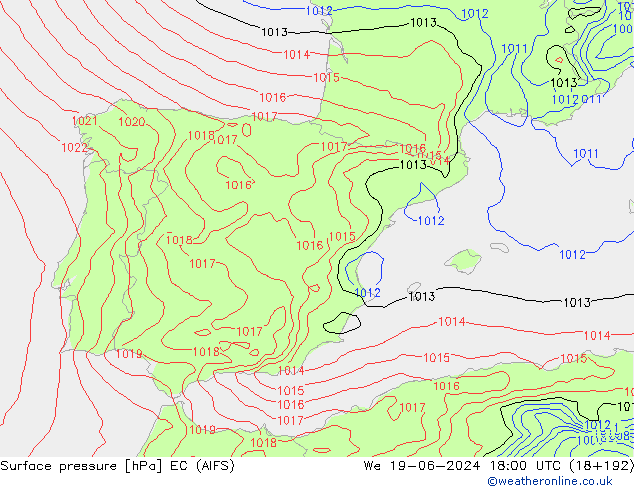 Surface pressure EC (AIFS) We 19.06.2024 18 UTC