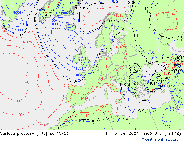 Luchtdruk (Grond) EC (AIFS) do 13.06.2024 18 UTC