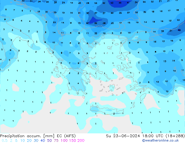 Precipitation accum. EC (AIFS) Su 23.06.2024 18 UTC