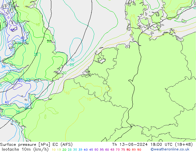 Izotacha (km/godz) EC (AIFS) czw. 13.06.2024 18 UTC