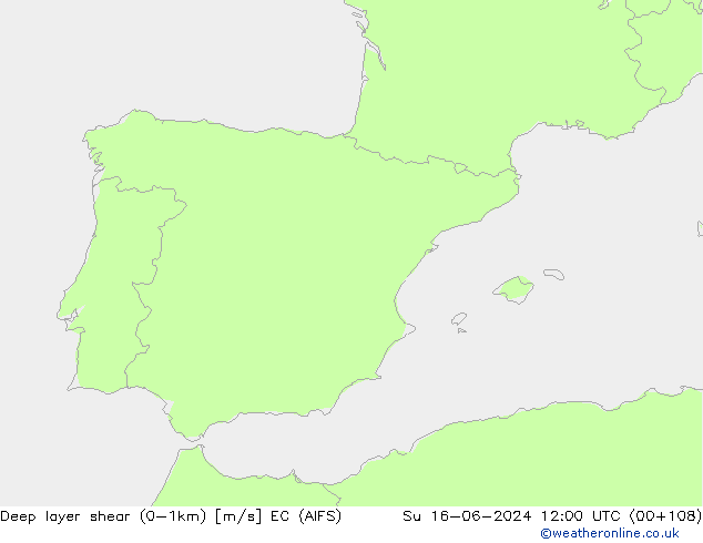 Deep layer shear (0-1km) EC (AIFS)  16.06.2024 12 UTC