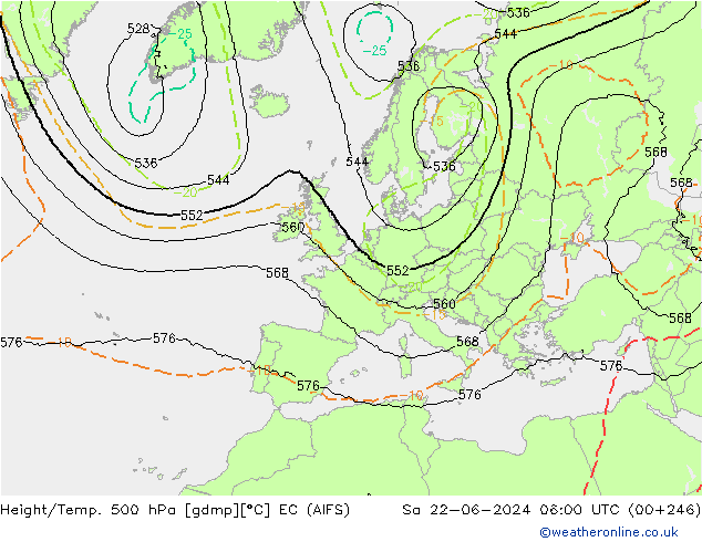 Height/Temp. 500 hPa EC (AIFS) so. 22.06.2024 06 UTC