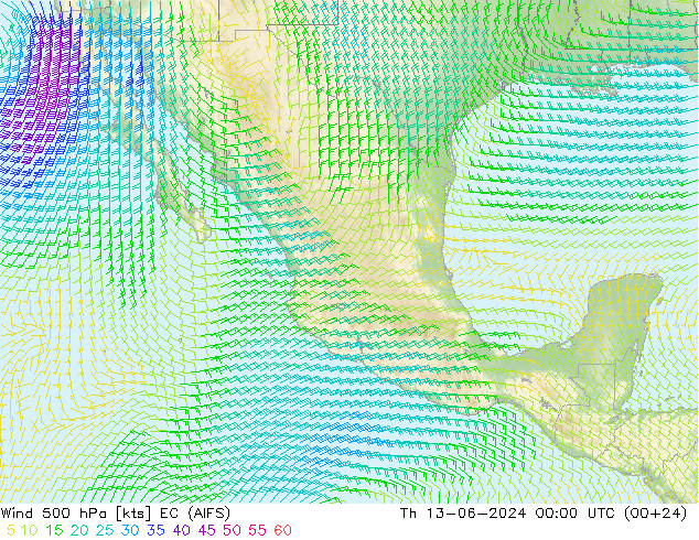 ветер 500 гПа EC (AIFS) чт 13.06.2024 00 UTC