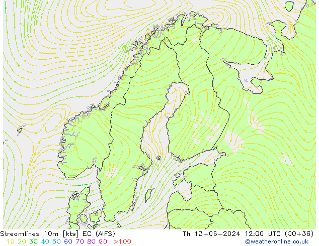 Streamlines 10m EC (AIFS) Th 13.06.2024 12 UTC