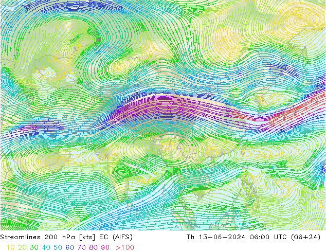 Rüzgar 200 hPa EC (AIFS) Per 13.06.2024 06 UTC