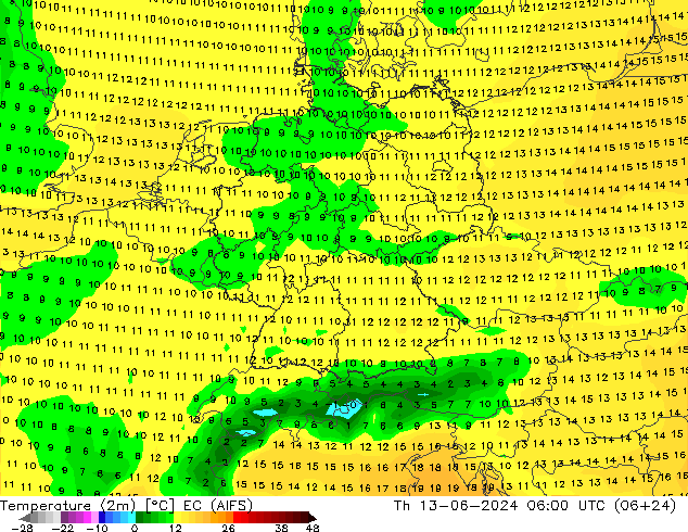 карта температуры EC (AIFS) чт 13.06.2024 06 UTC