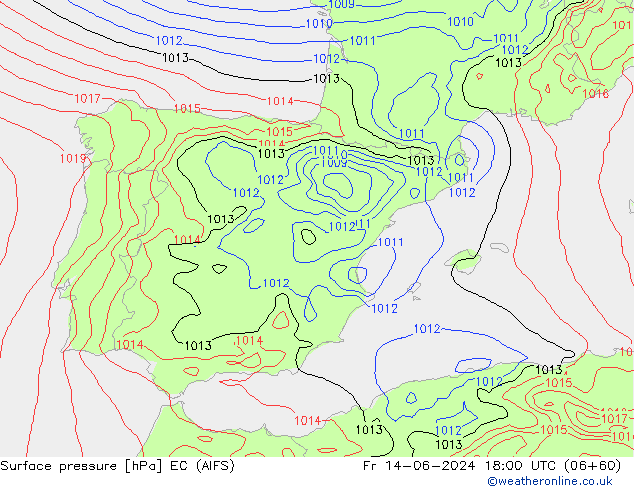 Atmosférický tlak EC (AIFS) Pá 14.06.2024 18 UTC
