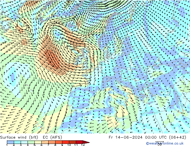Wind 10 m (bft) EC (AIFS) vr 14.06.2024 00 UTC