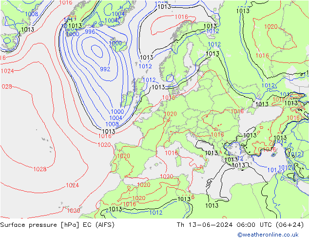 Atmosférický tlak EC (AIFS) Čt 13.06.2024 06 UTC