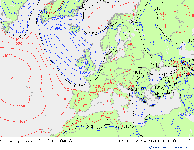 ciśnienie EC (AIFS) czw. 13.06.2024 18 UTC