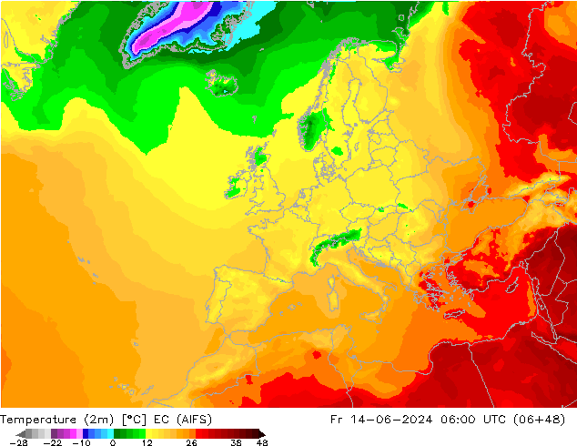 Temperatuurkaart (2m) EC (AIFS) vr 14.06.2024 06 UTC